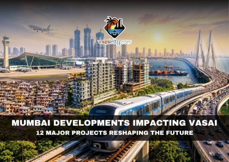 Mumbai Developments Impacting Vasai showing metro trains, Atal Setu, Navi Mumbai Airport and modern city skyline
