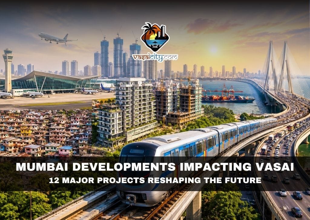 Mumbai Developments Impacting Vasai showing metro trains, Atal Setu, Navi Mumbai Airport and modern city skyline