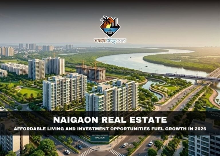 Naigaon Real Estate development with residential buildings and Vasai Creek view in 2026