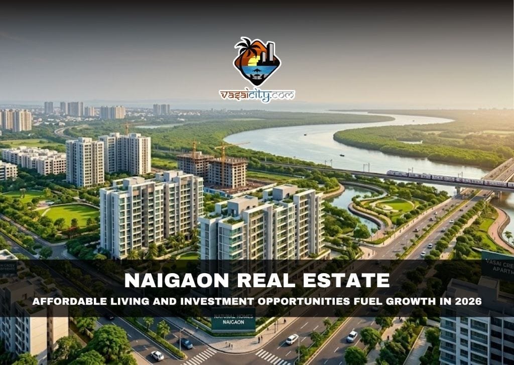 Naigaon Real Estate development with residential buildings and Vasai Creek view in 2026