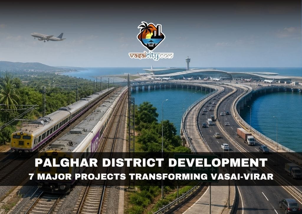 Palghar District Development Transforming Vasai-Virar Palghar District Development showing the Virar-Dahanu railway expansion and proposed offshore airport near Kore Beach