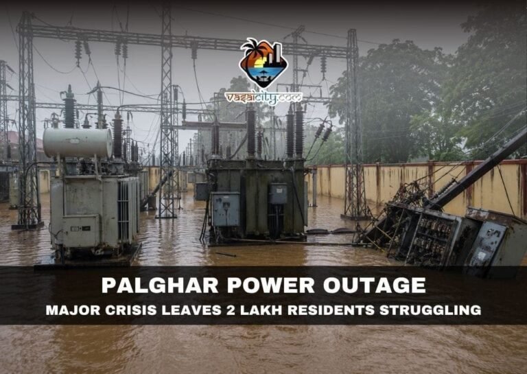 AI-generated illustration of a flooded electrical substation during the Palghar power outage caused by heavy monsoon rains.