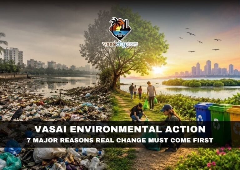 Vasai Environmental Action Showing Clean Surroundings, Waste Segregation, And Protected Wetlands
