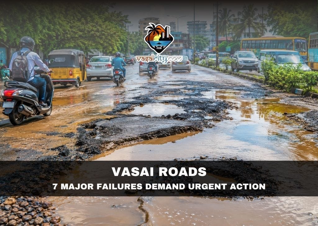 Vasai Roads damaged by potholes and monsoon flooding.