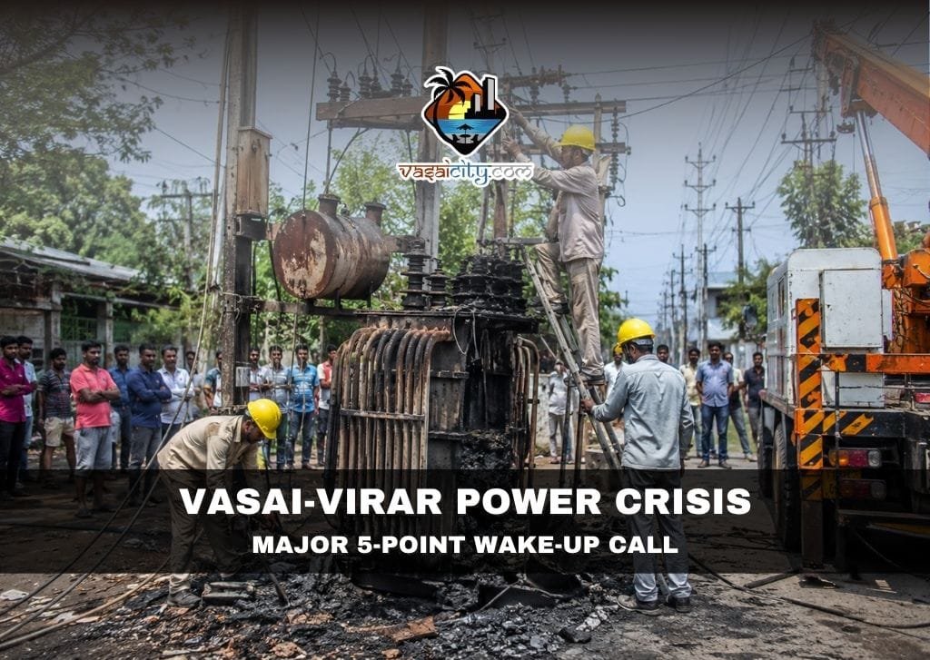 Vasai-Virar Power Crisis as MSEDCL workers repair a damaged transformer after a power outage