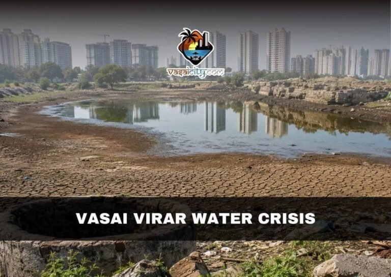 Vasai Virar Water Crisis showing a drying traditional water source and rapid urban development in the background