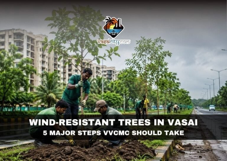WIND-RESISTANT TREES IN VASAI CAN MAKE THE CITY SAFER DURING MONSOONS 7 Wind-Resistant Trees In Vasai Being Planted By Municipal Workers To Improve Urban Safety.